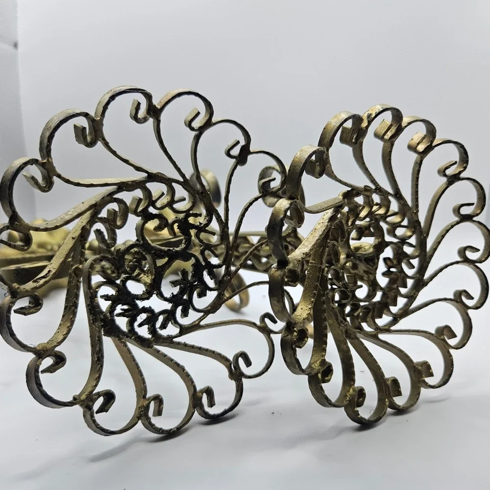 Vintage Wrought Iron Candle Holders Pair Ornate Gold Tone Metal‎ Candlesticks